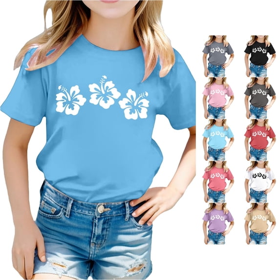 JCCXIN Toddler Baby Girls Tee Short Sleeve Flower Graphic Tops Crew Neck School Outdoor Playwear Loose Fit Summer Lovely Street Casual Daily Wear,Blue,10-11 Years