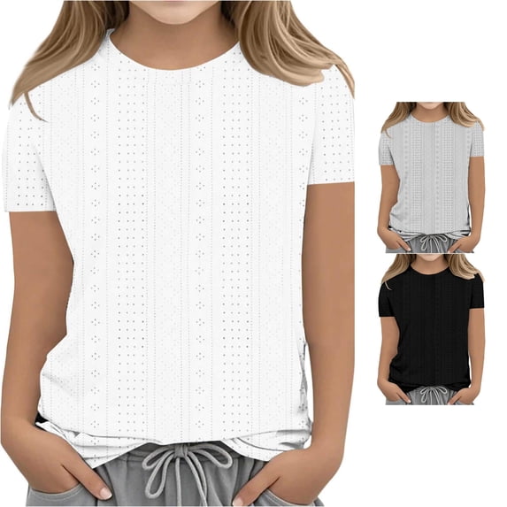 JCCXIN Toddler Baby Girls Tshirts Short Sleeve Hollow Out Tops Solid Color Crew Neck School Outdoor Playwear Loose Fit Summer Lovely Street Casual Daily Wear,White,11-12 Years