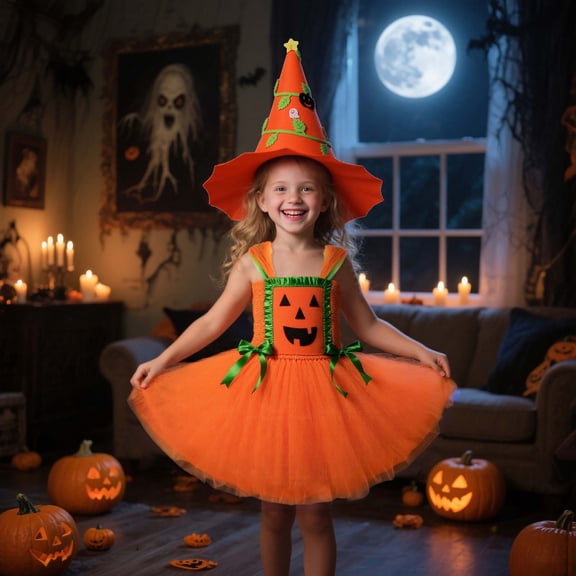 JCCXIN Toddler Baby Girls Witch Halloween Outfits Pumpkin Dress Dress-Up Party Clothes Bowknot Tulle Dresses With Hat 2 PC Set Trick Or Treat School Carnival Funny Outfit Sets,Orange,2-3 Years