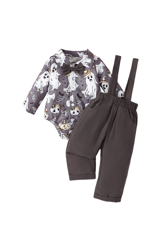 Toddler Boy Outfits Halloween Long Sleeve Romper And Suspenders Pants With Bowknot Set Cartoon Ghost Print Party Photo Shoot Clothes Cute Beach Outfit Sets,Grey,3-6 Months