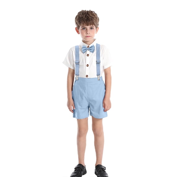 JCCXIN Toddler Boys Short Sleeve Solid Color Lapel Shirt Tops Suspenders Shorts Child Kids Gentleman Outfit Sets Bowtie Formal Dress Clothes Suit Birthday Clothes Sets