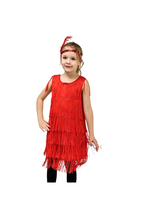 Toddler Girls Dress Crew Neck Flapper Sequins Fringe Latin Dance Tassel Tango Ballroom Feather Headband Performance Cozy Home Sundress,Red,10-12 Years