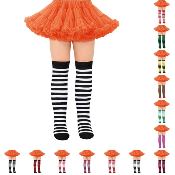 JCCXIN Toddler Girls Halloween Socks Cotton Striped Over The Knee Socks Dress-Up Party Trick Or Treat Breathable Festival Wear Stretchy Indoor Daily Wear,Black,7-12 Years