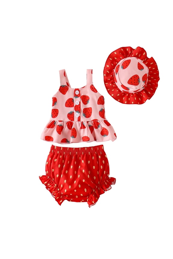 Toddler Girls Outfits Summer Sleeveless Crew Neck Tank Top With Shorts And Matching Hat Casual Playwear Three Piece Adorable Party Set,Red,-