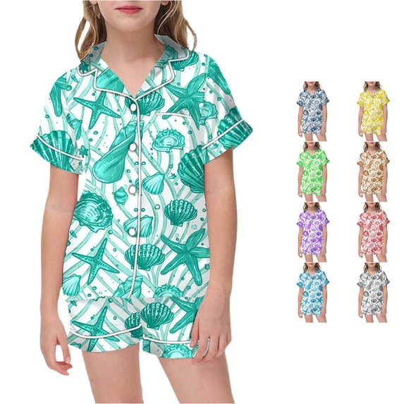 JCCXIN Toddler Girls Pajamas Set Sleepwear Short Sleeve Ocean Animal Graphic Button Down Top And Shorts 2 Pc Nightwear Lapel Casual Daily Home Cute Loungewear,Mint Green,8-9 Years