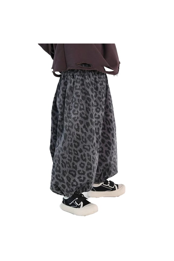 Toddler Girls Pants Cotton Breeches Denim Leopard Print Streetwear Loose Fit Unisex Elastic Waist Cozy Beach Bottoms,Dark Gray,12-24 Months