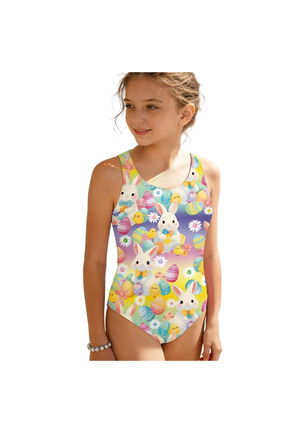 Toddler Girls Swimwear One-Piece Easter Bunny Printed Athletic Back Tank Gymnastics Leotard Water Play Funny Beach Beachwear,Yellow,13 Years-14 Years