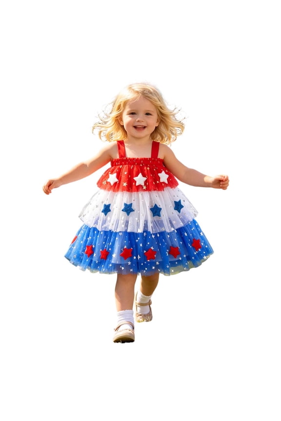 Toddler Kid Girls Dress Dresses 4Th Of July Stars Stripes Sparkling Sequins Tiered Tulle Tutu Festival Patriotic Sleeveless Spaghetti Strap Casual Summer Daily Wear Party Clothes,Red,2-3 Years