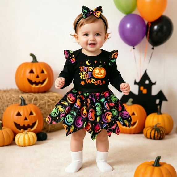 JCCXIN Toddler Kid Girls Halloween Outfits Pumpkin Graphic Romper And Skirt With Headband 3 PC Set Bowknot Long Sleeve Dress-Up Party Fall Clothes Lovely Trick Or Treat Wear,Black,1-3 Months