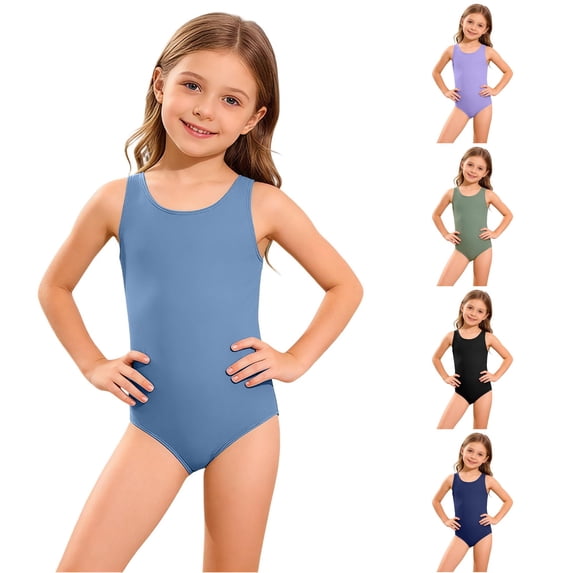 JCCXIN Toddler Kid Girls Swimsuit One-Piece Tankini Solid Color Swim Wear Wide Strap Crew Neck Surfing Summer Water Play Cozy Vacation Beachwear,Blue,13-14 Years