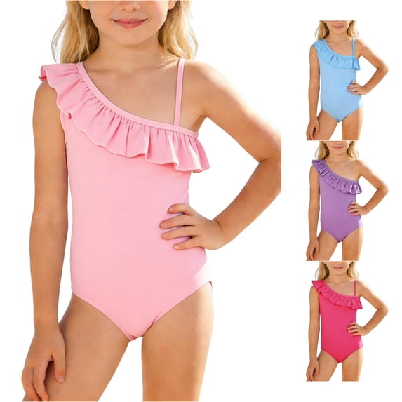 JCCXIN Toddler Kid Girls Swimwear One-Piece Tankini Ruffles Solid Color Swim Wear Spaghetti Strap One Shoulder Surfing Summer Water Play Sweet Holiday Beachwear,Pink,3-4 Years