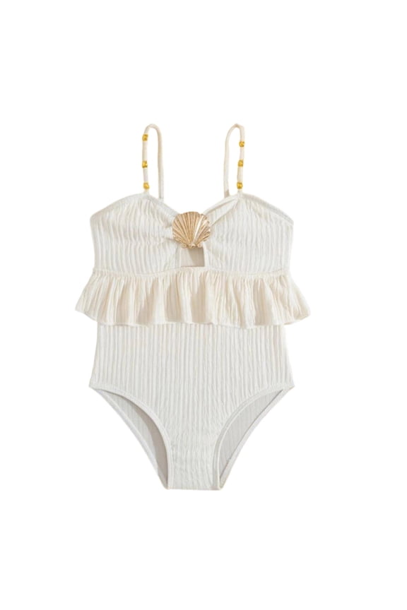 Toddler Kid Girls Swimwear One-Piece Tankini Ruffles Trim Shell Solid Color Swim Wear Adjustable Spaghetti Strap V-Neck Surfing Summer Water Play Sweet Pool Beachwear,White,2-3 Years