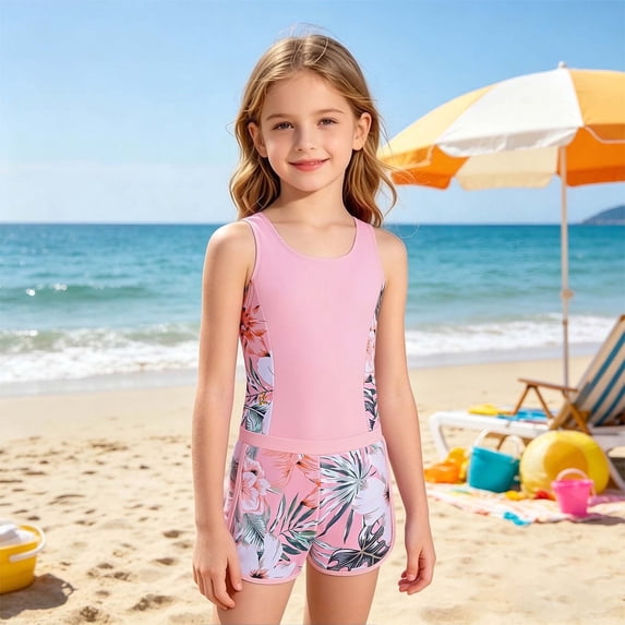 JCCXIN Toddler Kid Girls Swimwear Tankini Top And Bottom Floral Tropical Print 2 PC Set Spaghetti Strap Crew Neck Surfing Summer Sweet Beach Swimsuit,Pink,13-14 Years