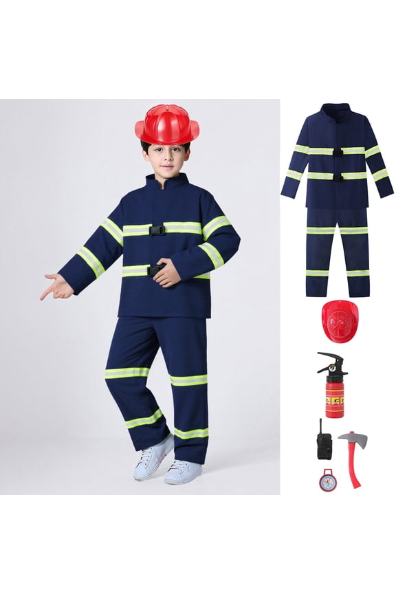 Toddler Kids Boys Girls Halloween Fireman Outfits Career Role Play Dress-Up Party Clothes Coat And Pants With Accessories Set Trick Or Treat School Carnival Funny Outfit Sets,Navy,3-5 Years
