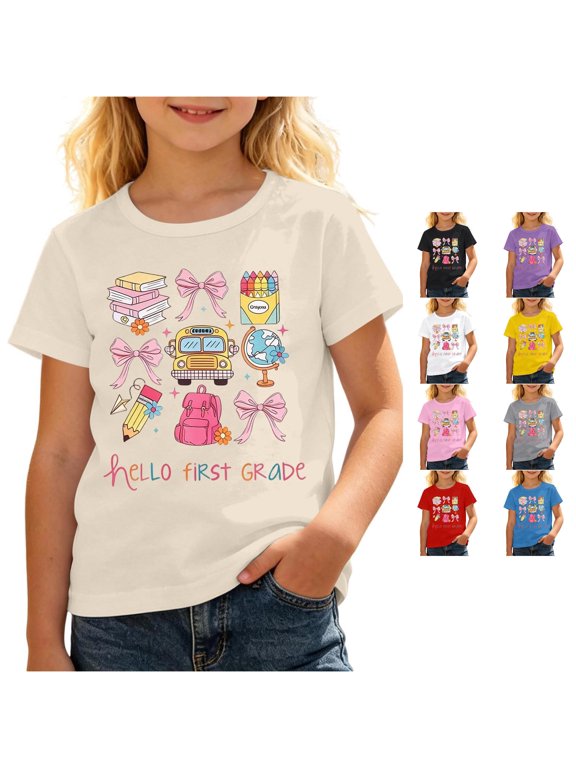 Toddler Kids Girls Back To School Tee First Day Of School Clothes Flower Bow Pencil Graphic Tops Crew Neck Short Sleeve Loose Fit Cozy Beach Casual Daily Wear,Beige,3-4 Years
