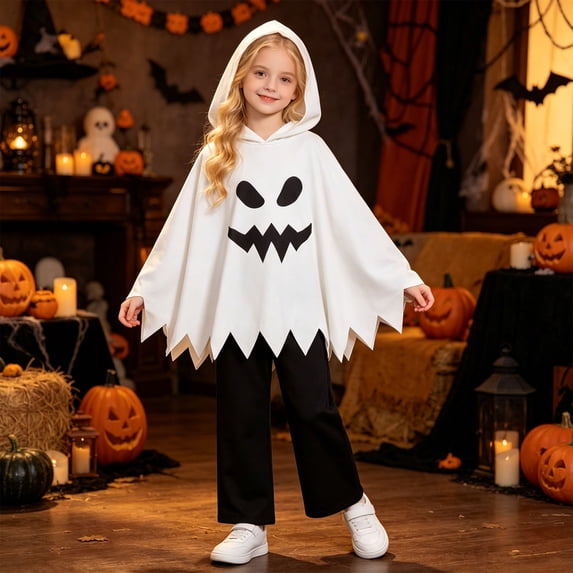JCCXIN Toddler Kids Girls Ghost Halloween Outfits Graphic Hooded Cloak Dress-Up Party Clothes With Striped Pants 2 PC Set Trick Or Treat School Carnival Eye-Catching Outfit Sets,White,18-24 Months