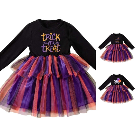 JCCXIN Toddler Kids Girls Halloween Dress Long Sleeve Letter Graphic Tulle Tutu Dress-Up Party Dresses Crew Neck Trick Or Treat School Carnival Lovely Festival Clothes,Black,3-4 Years