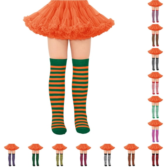 JCCXIN Toddler Kids Girls Halloween Socks Cotton Striped Over The Knee Socks Dress-Up Party Trick Or Treat Breathable Festival Wear Skin-Friendly Home Everyday Wear,Dark Green,7-12 Years