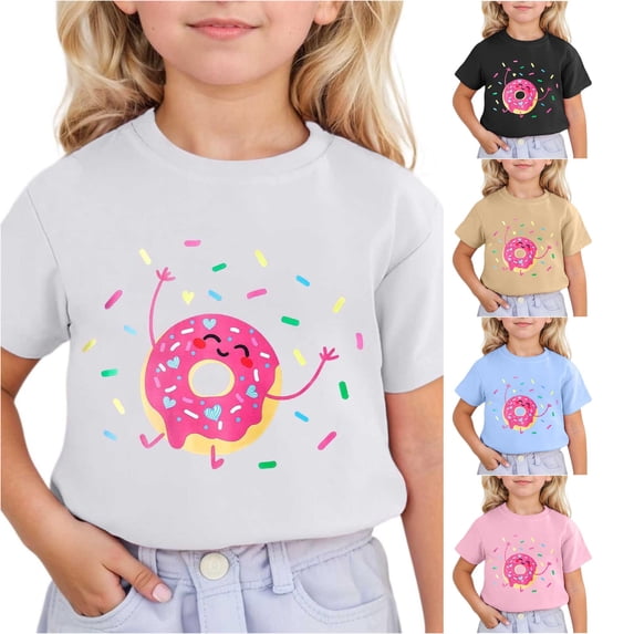 JCCXIN Toddler Kids Girls T-Shirts Short Sleeve Cartoon Doughnut Graphic Tops Crew Neck School Outdoor Playwear Loose Fit Summer Lovely Beach Casual Daily Wear,White,8-9 Years