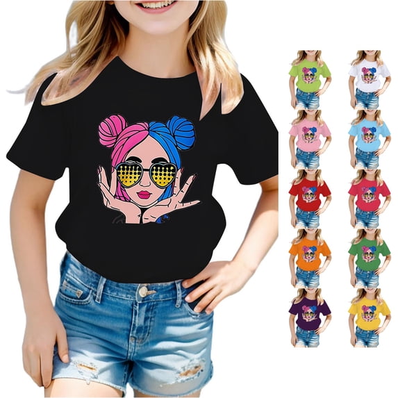 JCCXIN Toddler Kids Girls T-Shirts Short Sleeve Cartoon Graphic Tops Crew Neck School Outdoor Playwear Loose Fit Summer Sweet Beach Casual Daily Wear,Black,3-4 Years