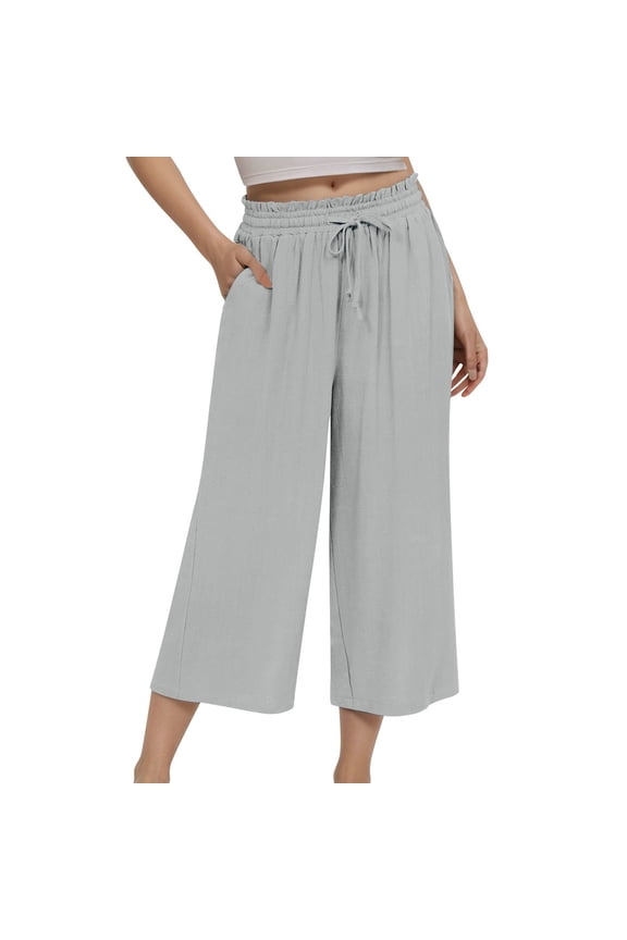 Women's Pants Ladies And Linen High Waisted Solid Color Loose And Tight Waist Lace Up Wide Leg Pants Breathable Comfy Fit