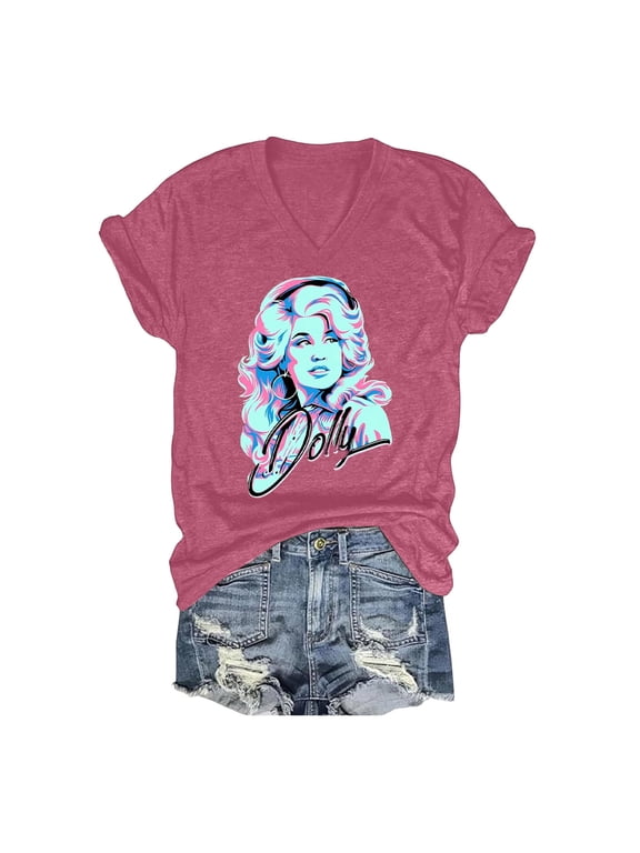 Womens Vintage Dolly Shirt V Neck Short Sleeve Graphic Tee for Parton Fans Retro Casual T-Shirt