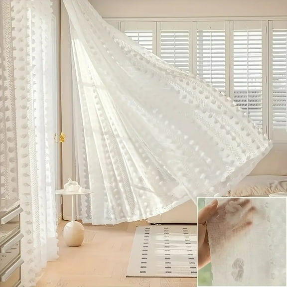 JCDY White Sheer Curtains 84 inch Length 2 Panels Pom Pom Window Drapes for Living Room Bedroom,Rod Pocket
