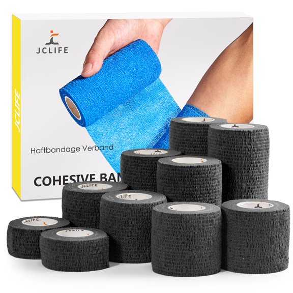 JCLIFE Self Adherent Bandage Wrap, Vet Tape 1 In - 4 In x 5 Yds Breathable, 10 Rolls Elastic Cohesive Wrap Tape for Wrist, Swelling, Sports, Tattoo (Black)