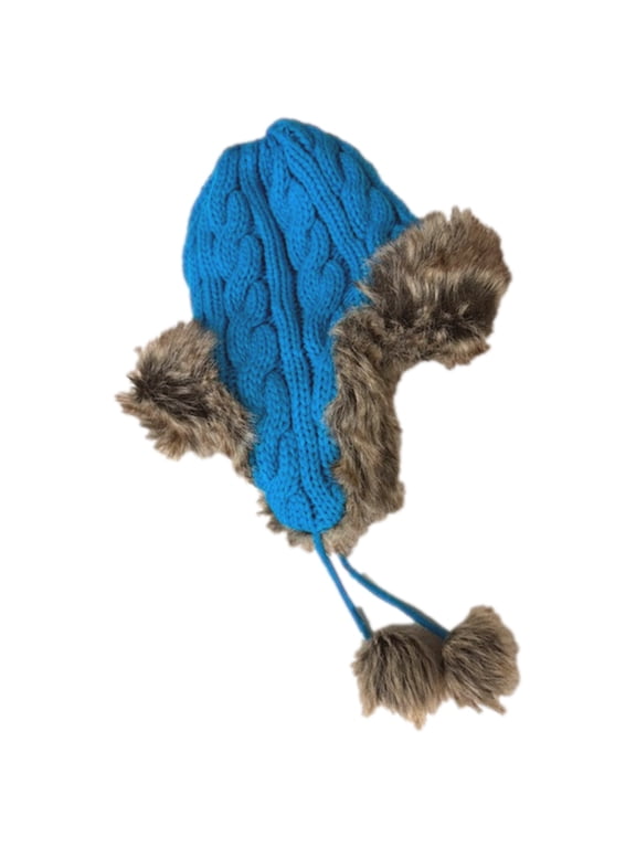 Womens Blue & Brown Plush Cable Knit Trapper Hat Cap