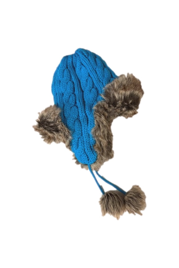 Womens Blue & Brown Plush Cable Knit Trapper Hat Cap