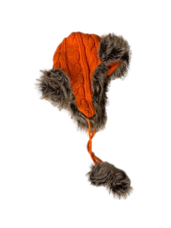 Womens Orange Cable Knit Trapper Hat With Fleece Lining