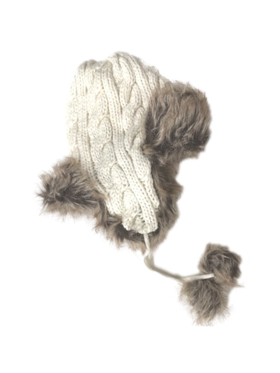 Womens White Cable Knit Fleece Lined Trapper Hat Cap