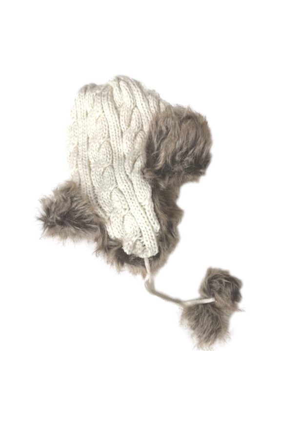 Womens White Cable Knit Fleece Lined Trapper Hat Cap