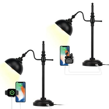JCPYIUL Desk Lamp with 2 USB Charging Port Black Metal Table Lamp Vintage Work Lamp for Bedroom Office Living Room