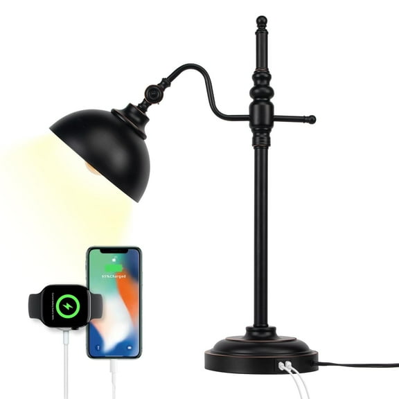 JCPYIUL Desk Lamp with 2 USB Charging Port Black Metal Table Lamp Vintage Work Lamp for Bedroom Office Living Room