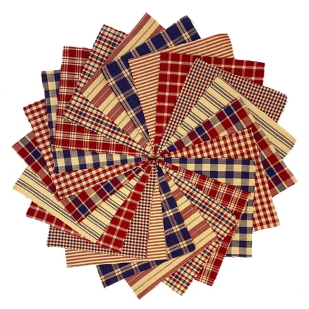 JCS 5" American Heritage Plaid Homespun Precut Fabric Quilt Squares Charm Pack, Red Blue 40 Pieces