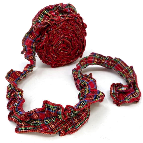 JCS Red Tartan Ruffled Homespun Cotton Fabric Plaid Trim/Garland - 2 x 144 inches (12 feet)