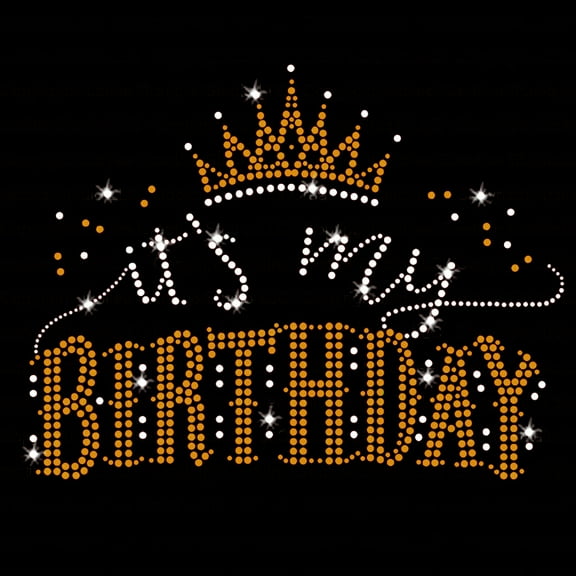 JCS Rhinestones It's My Birthday Sparkly Party Bling Iron-on Rhinestone Clear Crystals & Gold Rhinestud Transfer