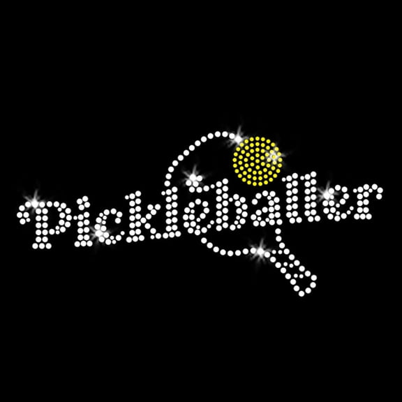 JCS Rhinestones Pickleballer Sparkly Pickleball Paddle Bling Pickler Iron-on Yellow Clear Crystal Rhinestone Transfer