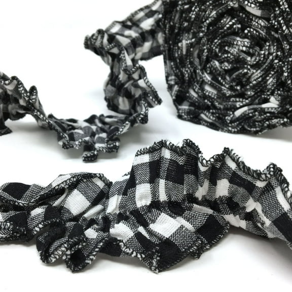 JCS White & Black Buffalo Ruffled Homespun Cotton Fabric Plaid Trim/Garland - 2 x 144 inches (12 feet)