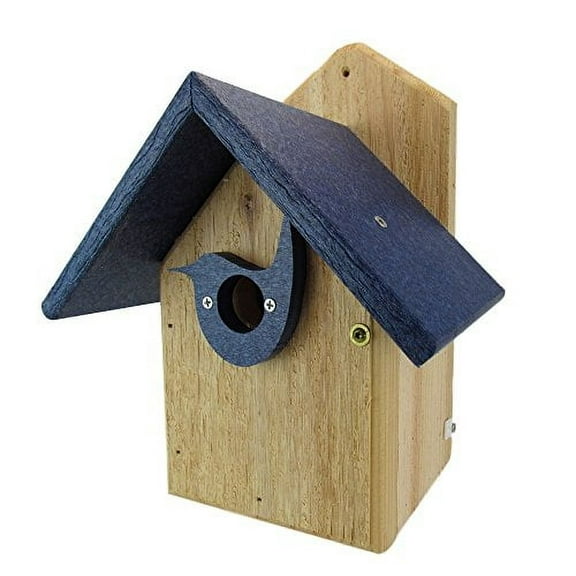 JCS Wildlife Post Mount Cedar Wren House w Poly Roof & Birdhouse Predator Guard Portal (Blue)