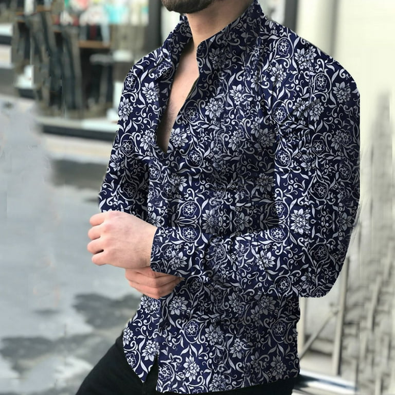 Jcxagr Jcxagrmens Shirts Fashion Men's Casual Printed Floral Long Sleeve Button T-Shirt Top Blouse, Women's, Size: 4XL, Blue