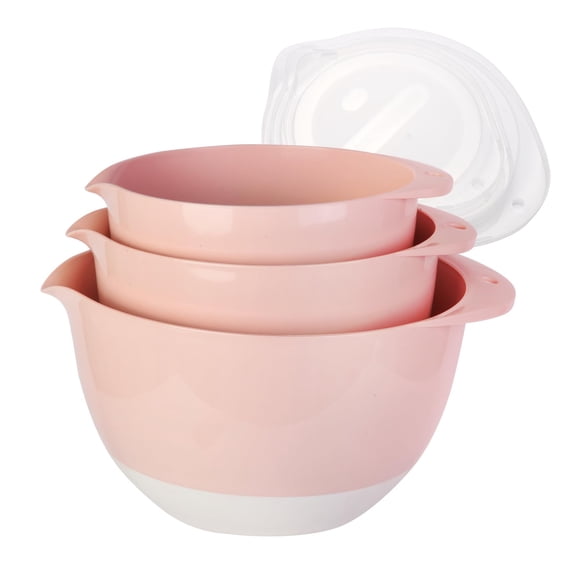 JCXivan 3 Mixing Bowls Set with Lids,Pour Spout TPR Bottom, Plastic Nesting Bowl Use for Kitchen Cooking-Prep,Serving,Baking Bread Cake,Pancake,Waffle,Non-slip,Dishwasher Safe,3Qt,2Qt,1.5Qt,Pink Y101