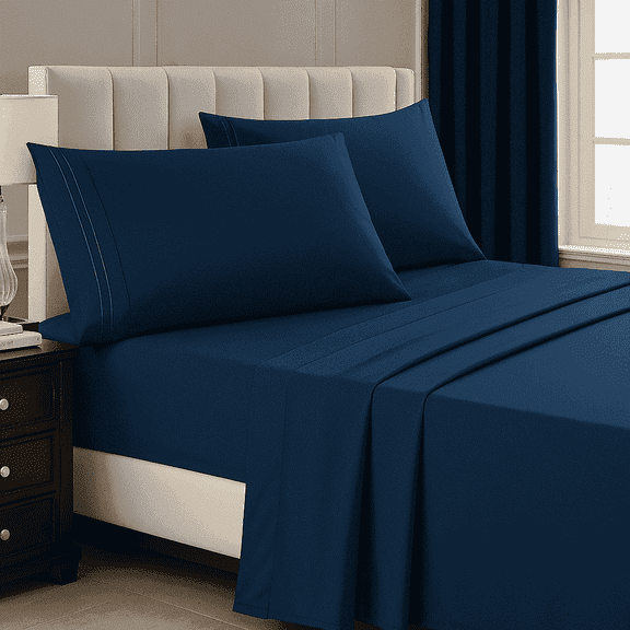 JCrown Premium Hotel Style Bed Sheets Rich and Soft Hand, Breathable, and Cooling Resistant to Wrinkle, Shrinkage, Fade, and Stain Easy Care (Navy, Queen)
