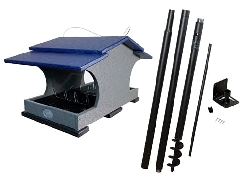 JCs Wildlife Large Poly Hopper Bird Feeder with Universal Mounting Pole Kit - Holds 2 Gallons of Bird Seed - Blue and Gray