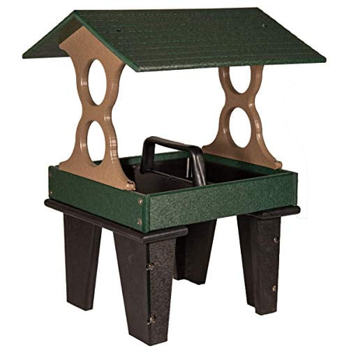 JCs Wildlife Medium Ground Fly Thru Bird Feeder - Holds 4 Cups of Bird Seed - Removable Tray - Covered Platform - Green and Tan