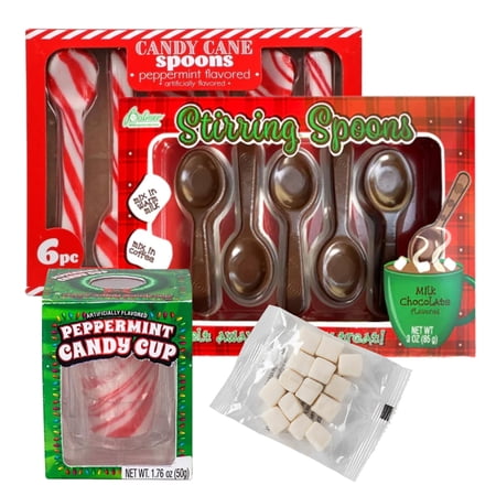 JD Hot Cocoa Bar Set-Peppermint & Chocolate Stirring Spoons, Peppermint Candy Cup, Bundle of 3 with Bonus (Mini Marshmallows)