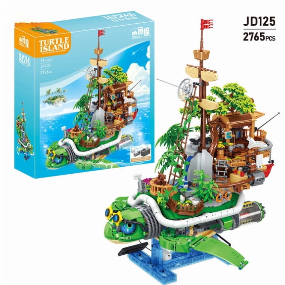 JD125 Turtle Island Building Blocks Set, 2765 PCS MOC Pirate Ship Model with Mini Island & Palm Trees, Creative Gift for Adults & Teens​