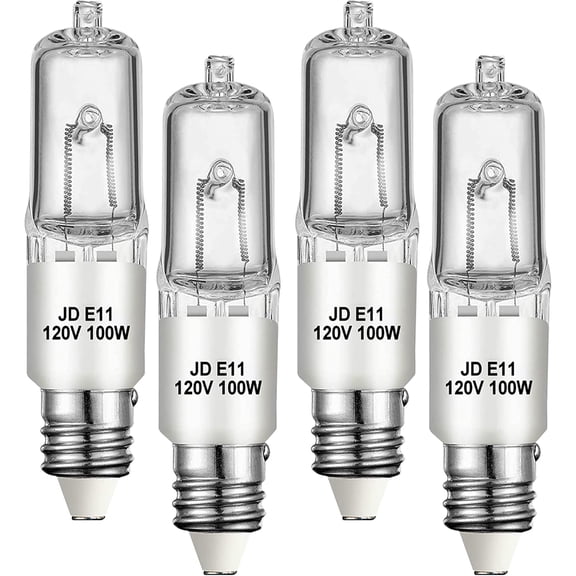 JDE11 120V 100W Halogen Mini Candelabra Bulbs,T4 100W JD E11 Bulb 4 Pack (Replacement E11 LED Bulb) 2700K Warm White Dimmable Halogen Bulb T4 for Ceiling Fan Light,Chandeliers,Table Lamps