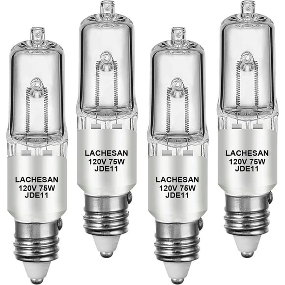 JDE11 120v 75w, E11 Halogen Bulb(Replacement E11 Led Bulb) T4 Mini Candelabra Base, 2700K Warm White Dimmable for Chandeliers, Ceiling Fan, Table Lamps, Cabinet Lighting, 4 Pack